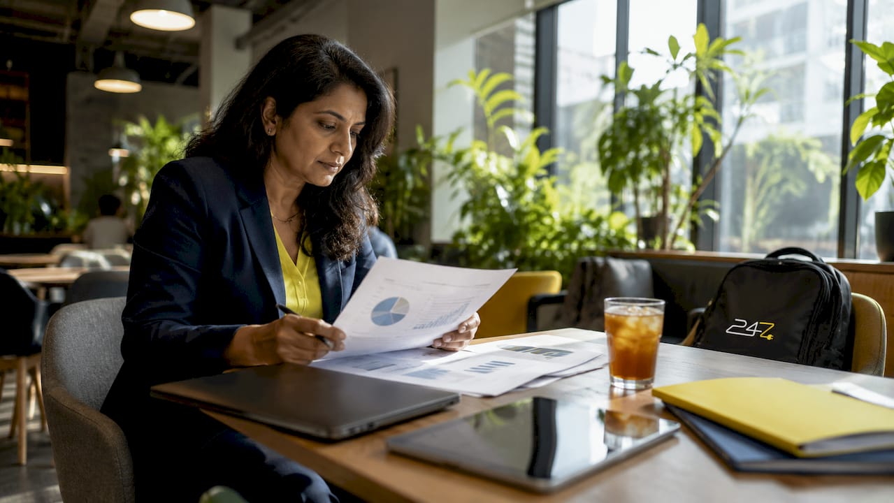 Cybersecurity analyst reviewing security reports at office desk