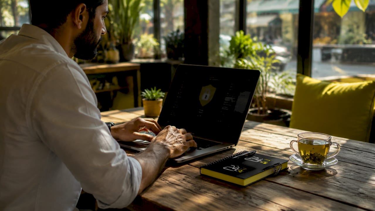 Hands typing on laptop keyboard in home office