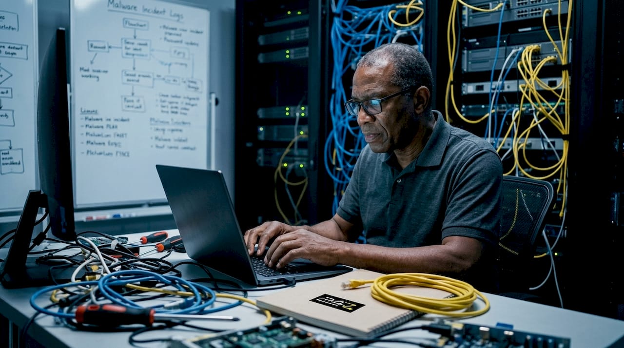 IT specialist analyzing malware threats in server room