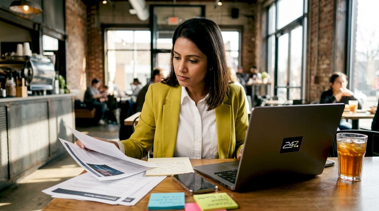 Cybersecurity analyst reviewing printed threat reports