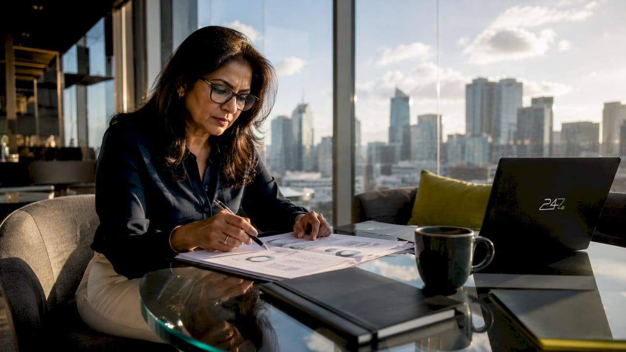 Businesswoman reviewing cybersecurity reports in office