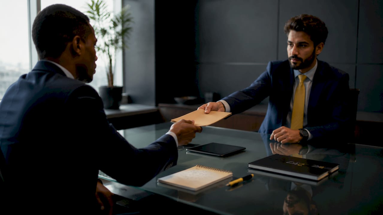 Hands exchanging confidential folder in meeting