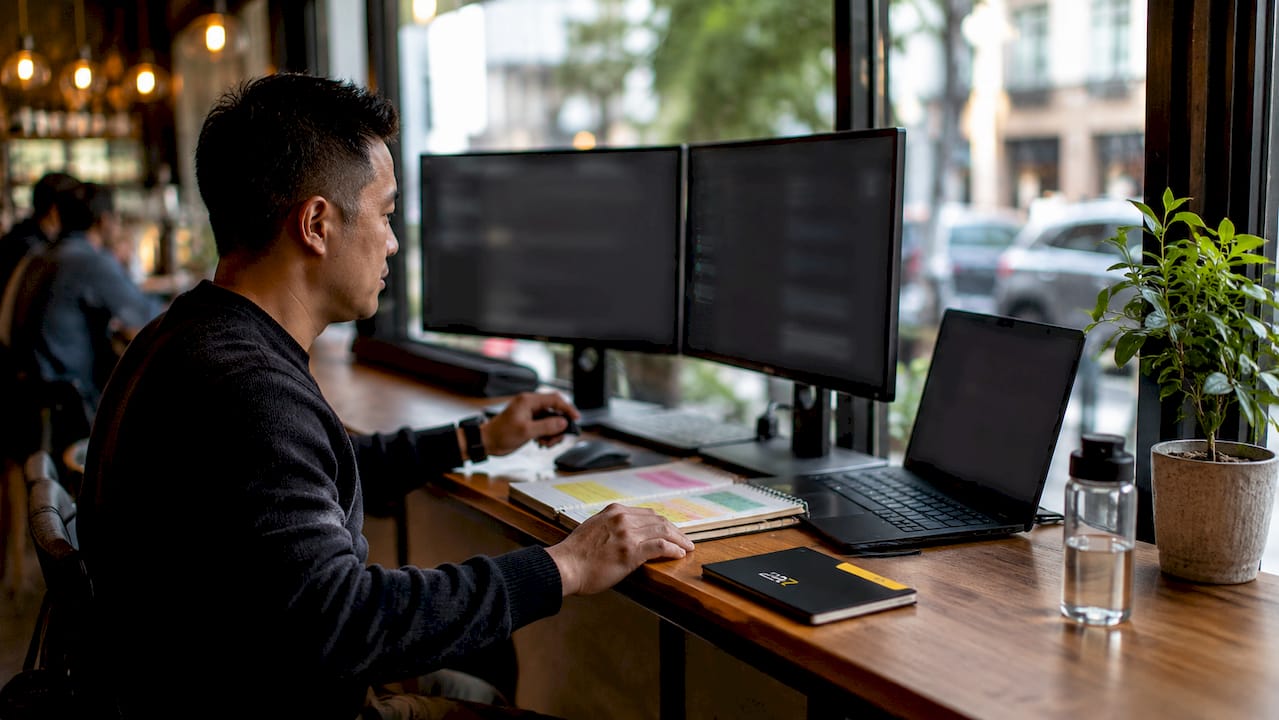 IT manager reviewing help desk tickets in office