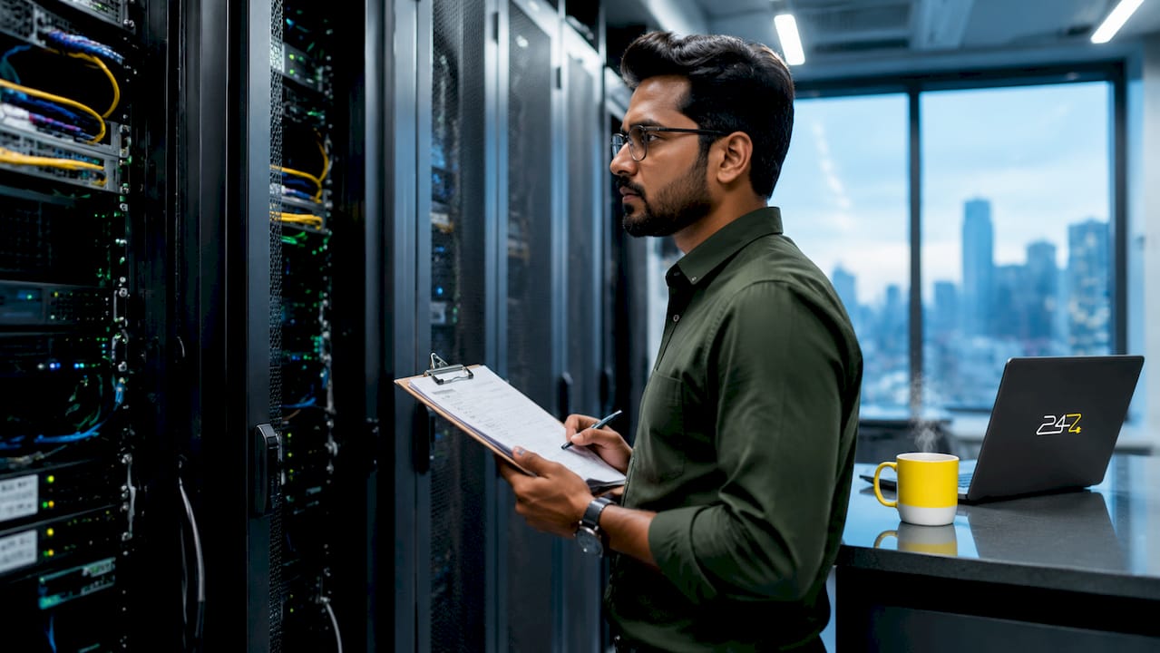 Technician assessing network servers
