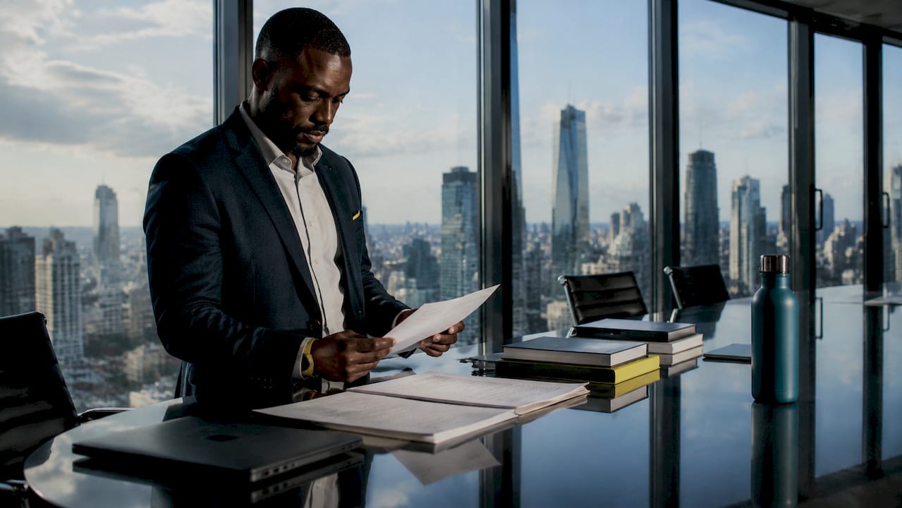 Man reviewing financial compliance documents in office