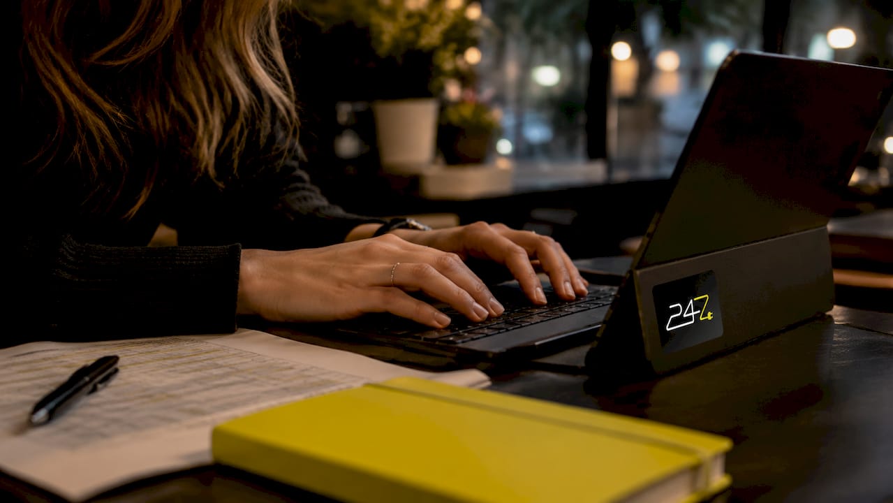 Hands typing risk assessment on keyboard at desk