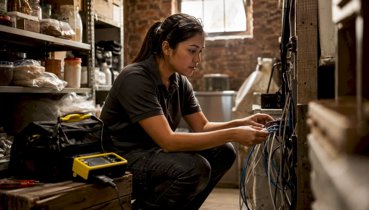 Technician setting up network cables in office