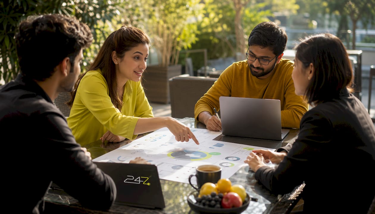 Partners discussing IT solutions over coffee