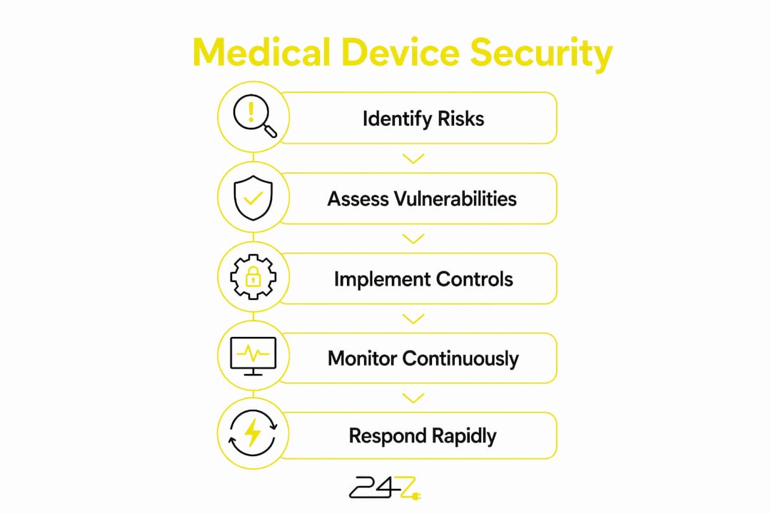 Infographic showing medical device security process steps