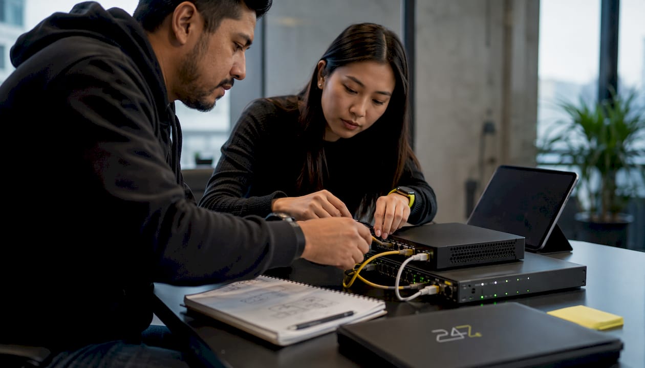Hands operating cybersecurity devices in accounting office