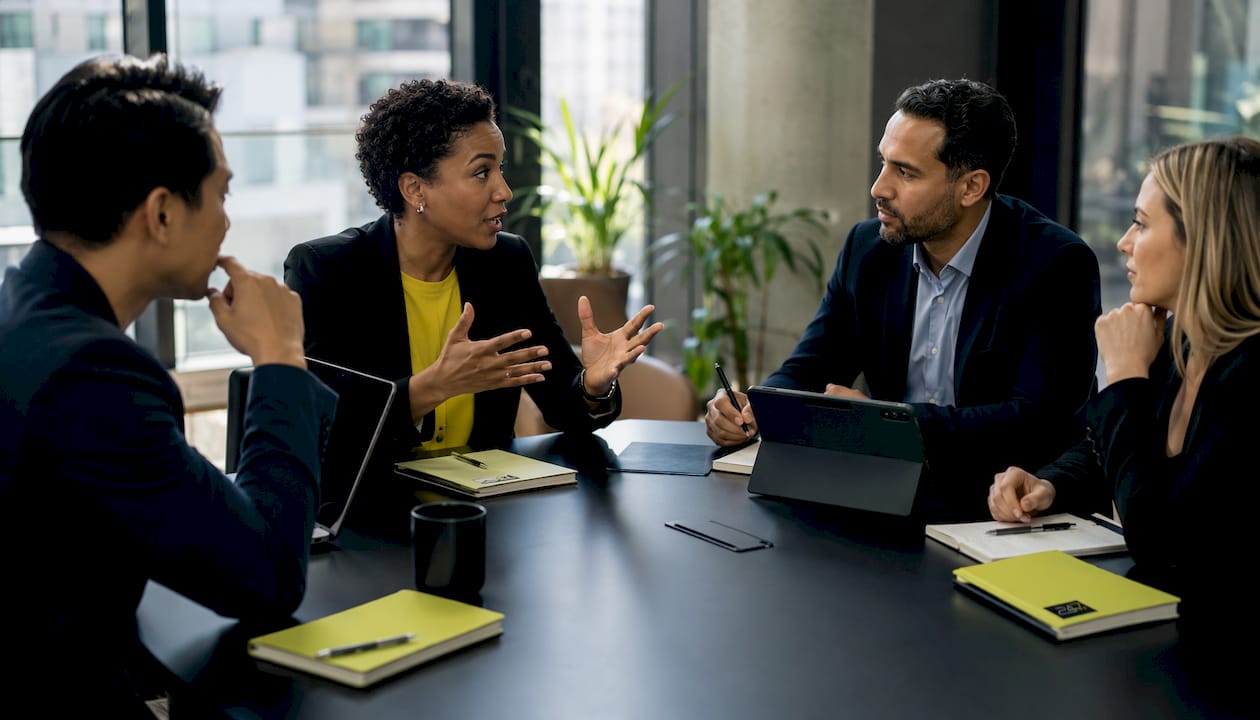 Finance team discussing secure data sharing