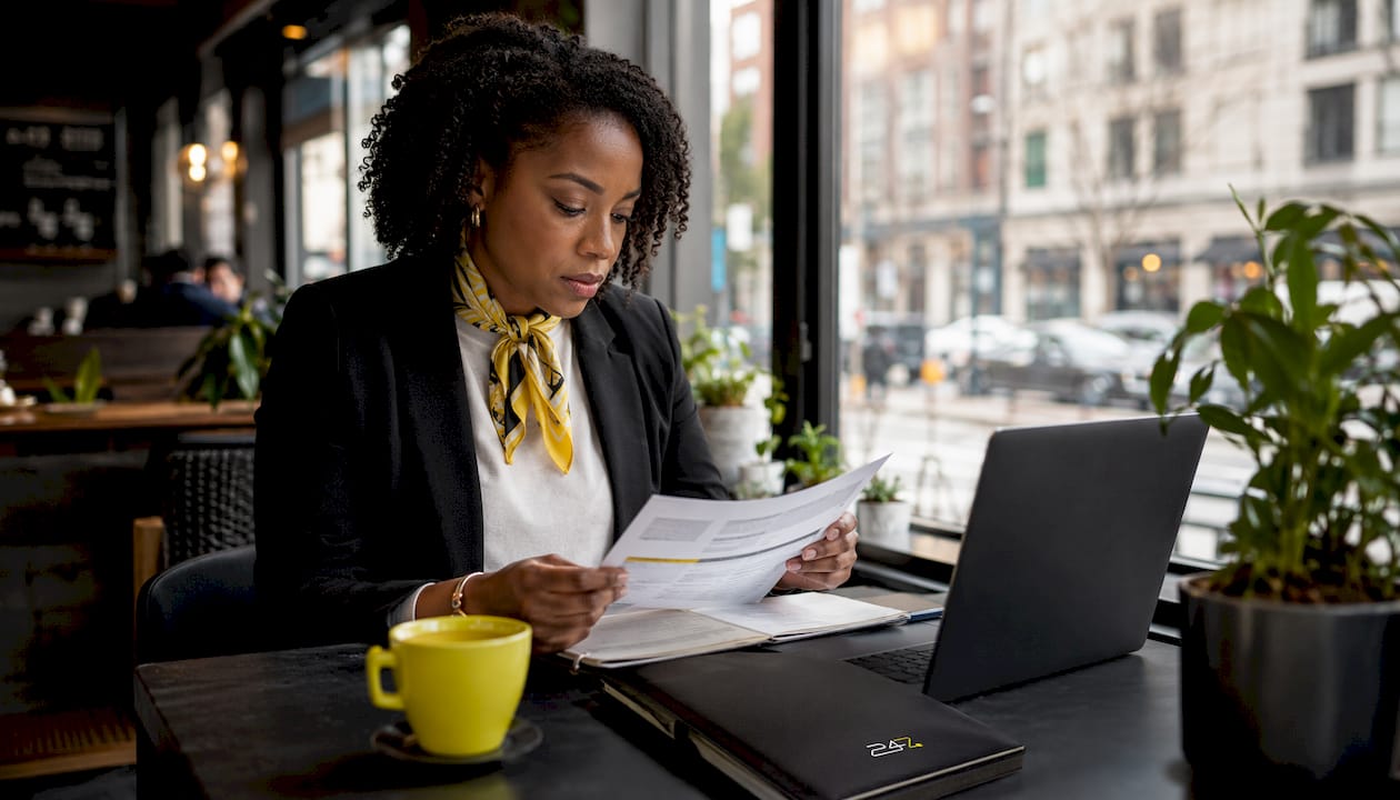 Financial analyst reviewing encryption report