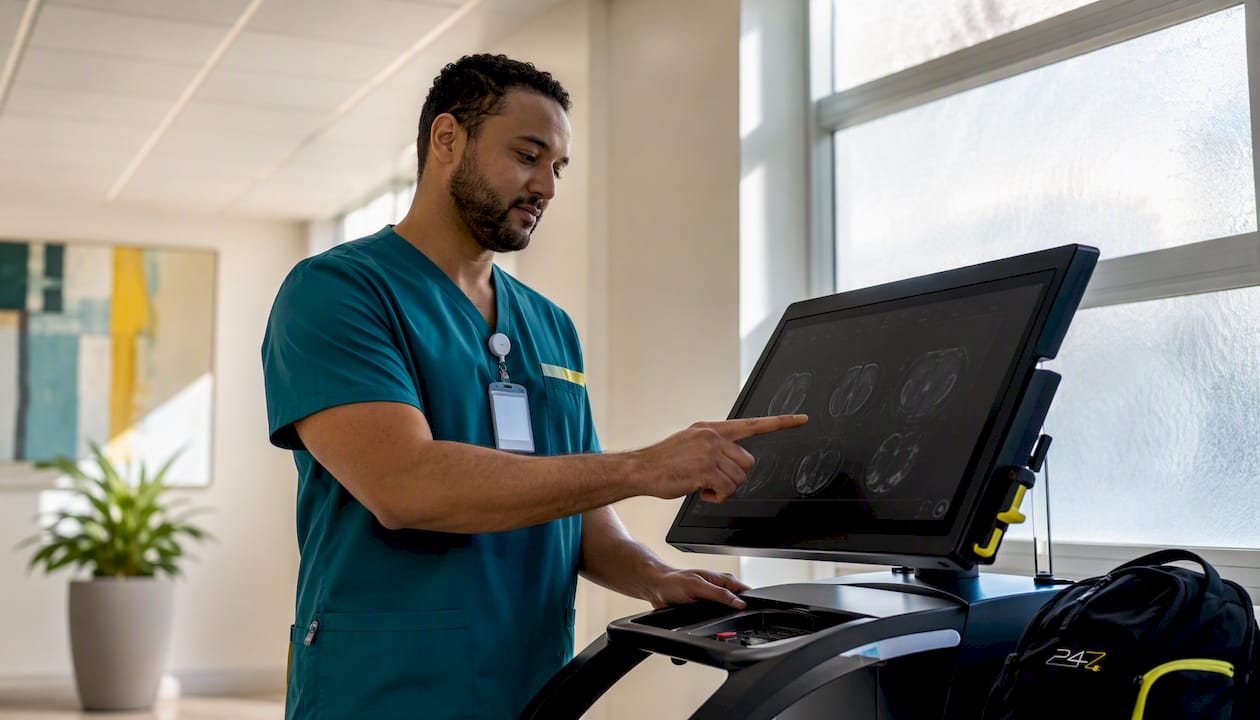 Radiology technician interacting with imaging workstation