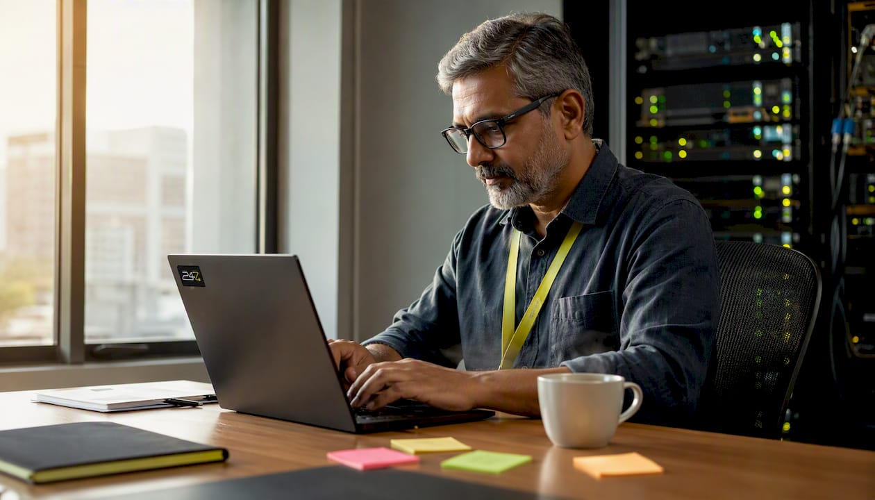 IT specialist typing near encryption tables