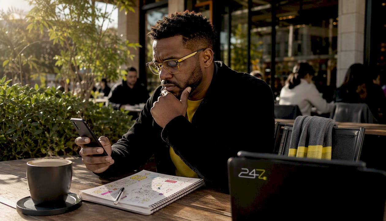Man checking suspicious phishing SMS in café