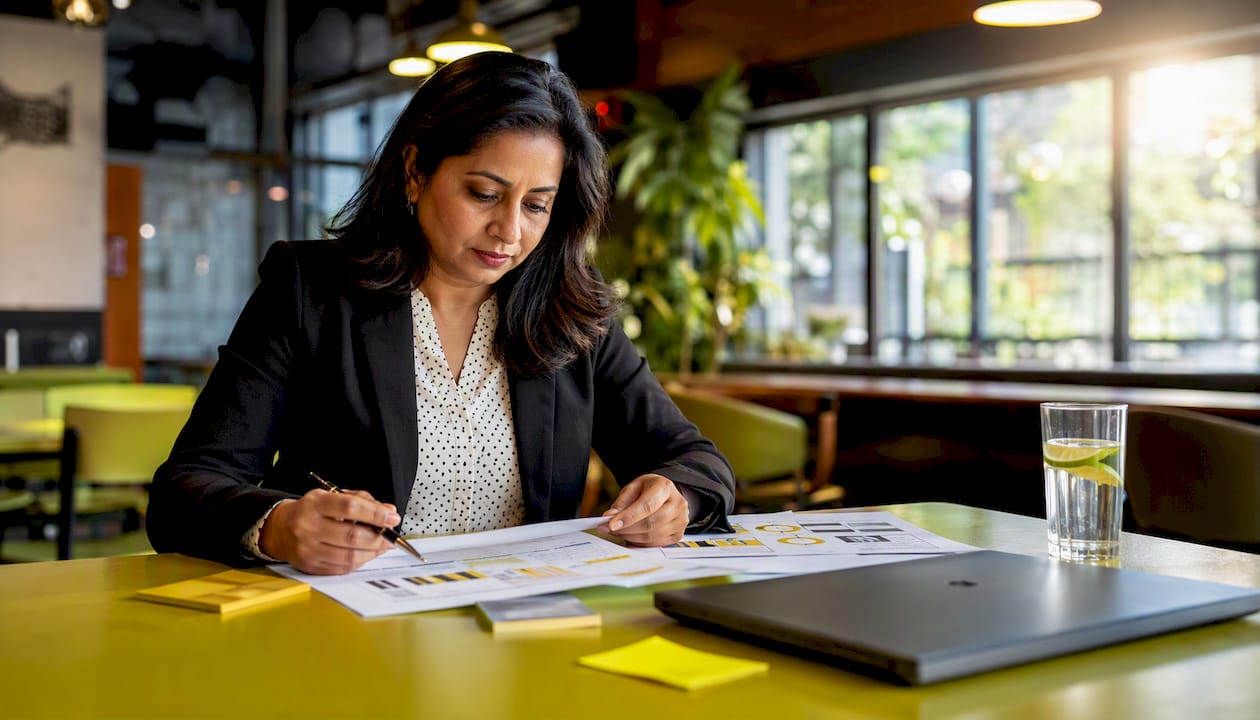 Woman evaluating IT solutions at office table