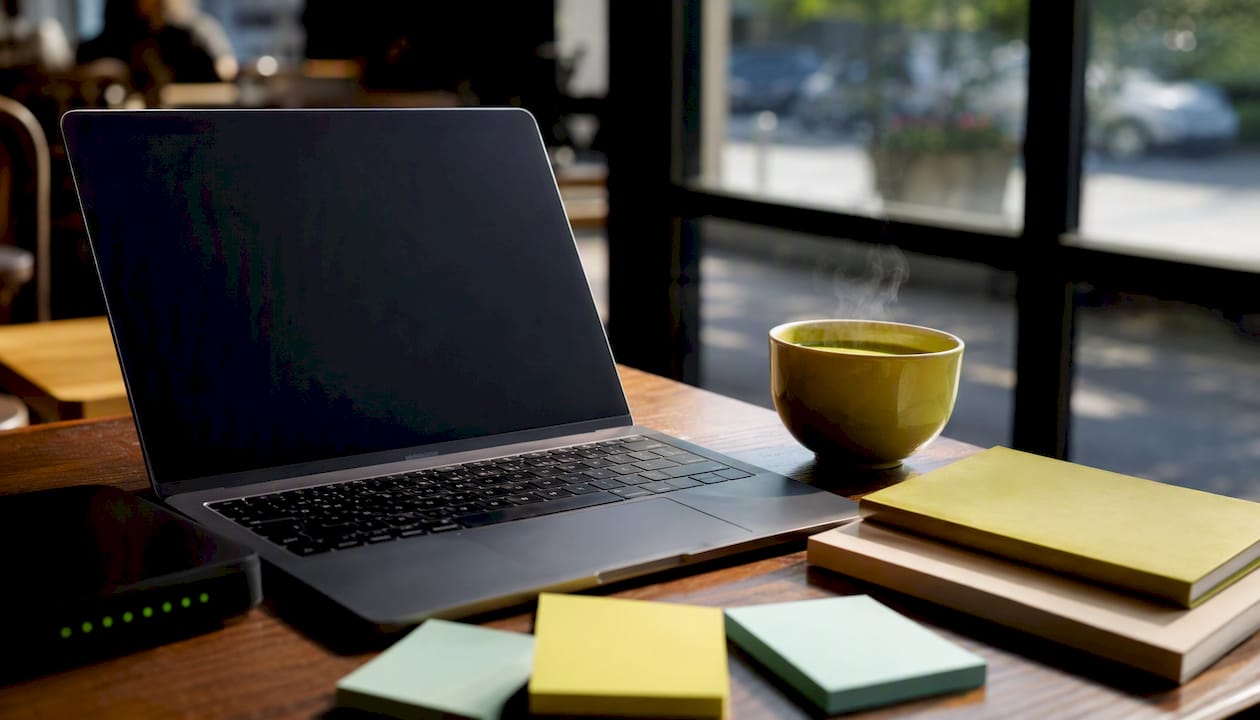 Office desk with laptop, coffee, network device edge