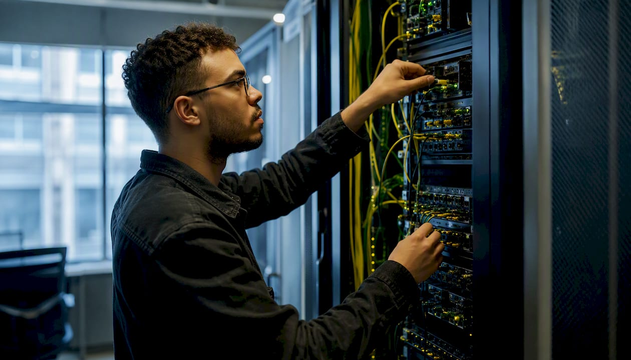 Hands connecting cables in server rack