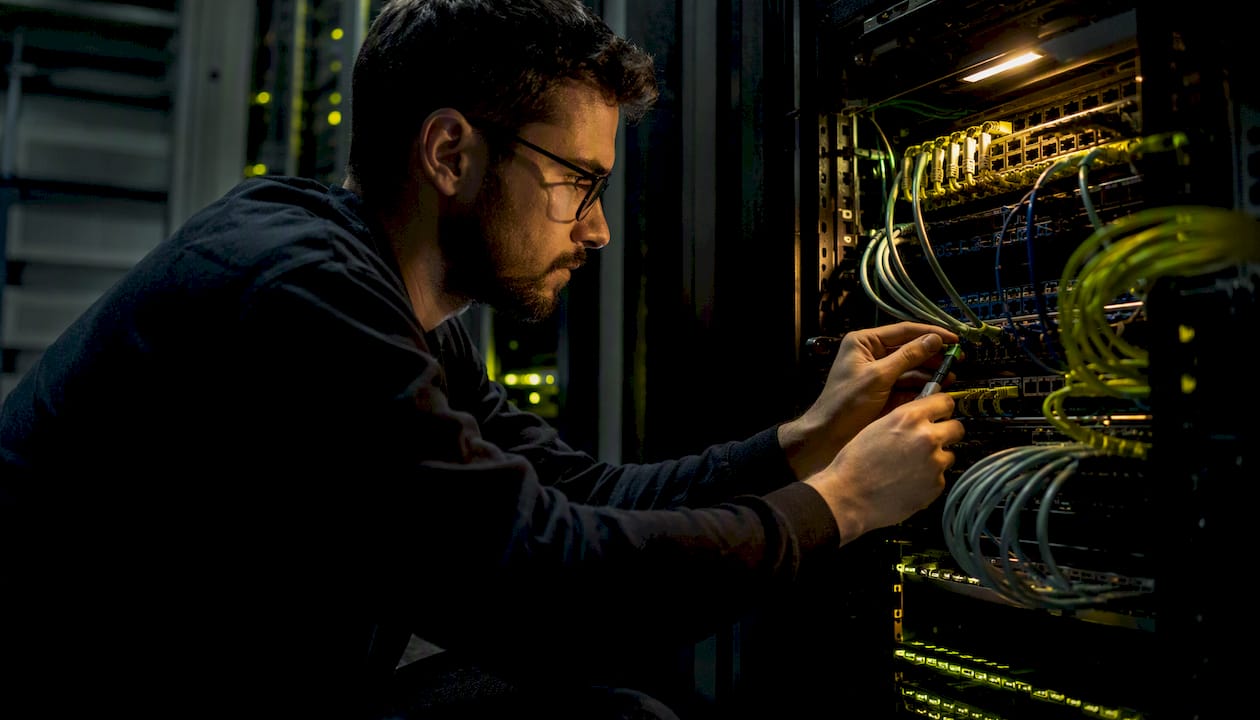 Technician connecting network cable in server rack