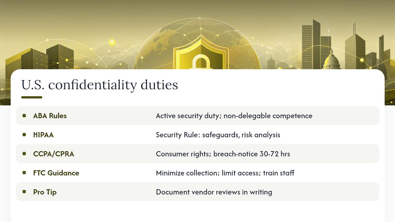 U.S. legal and ethical duties that make confidentiality an active obligation — overview diagram