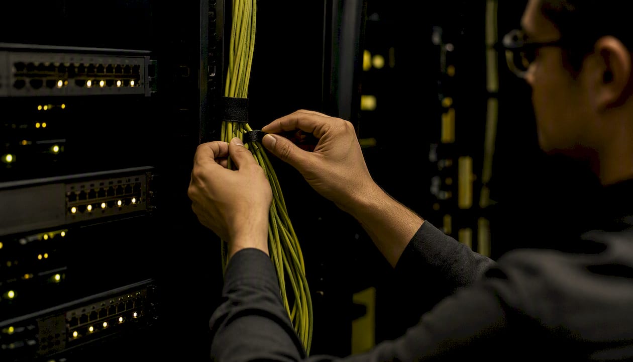 Hands connecting cables in IT support