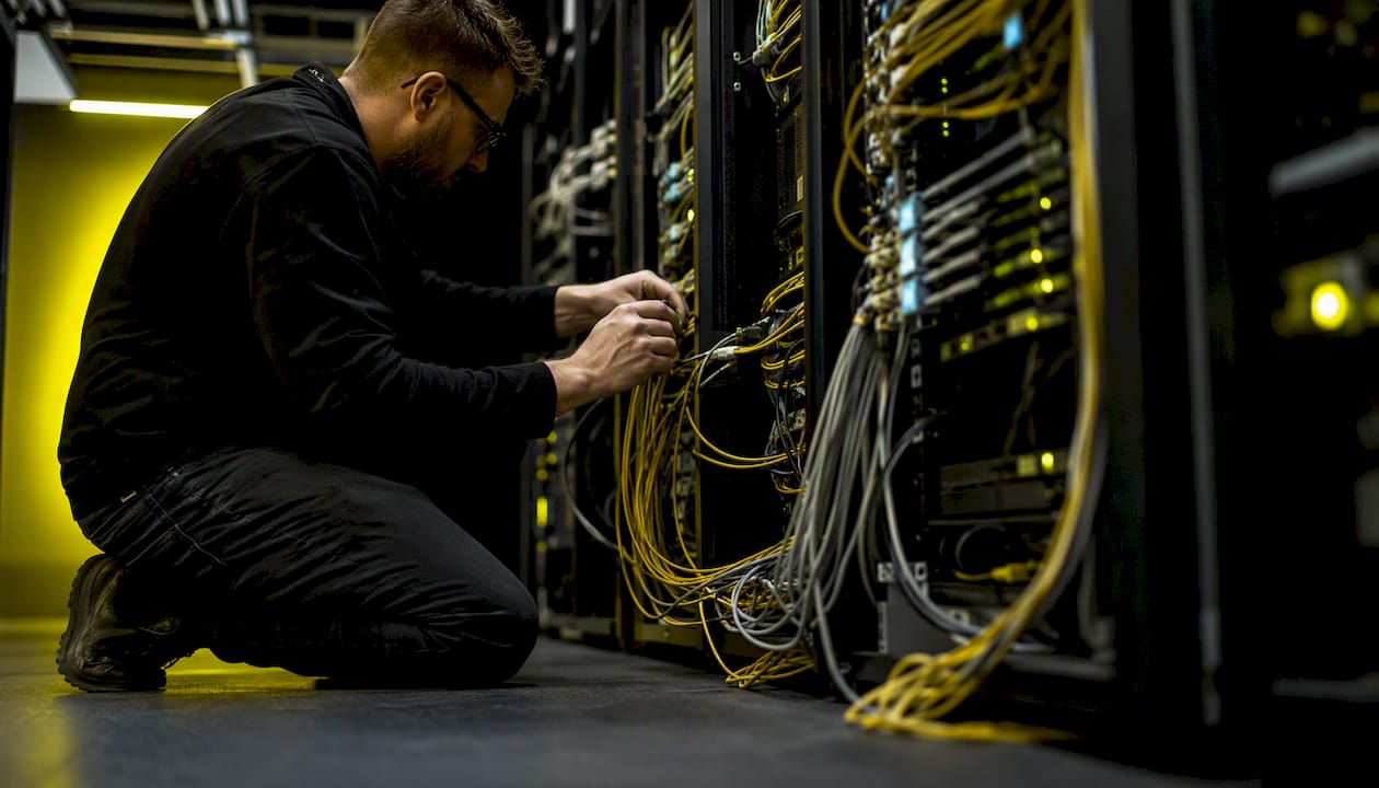 Hands wiring network cables in IT server rack