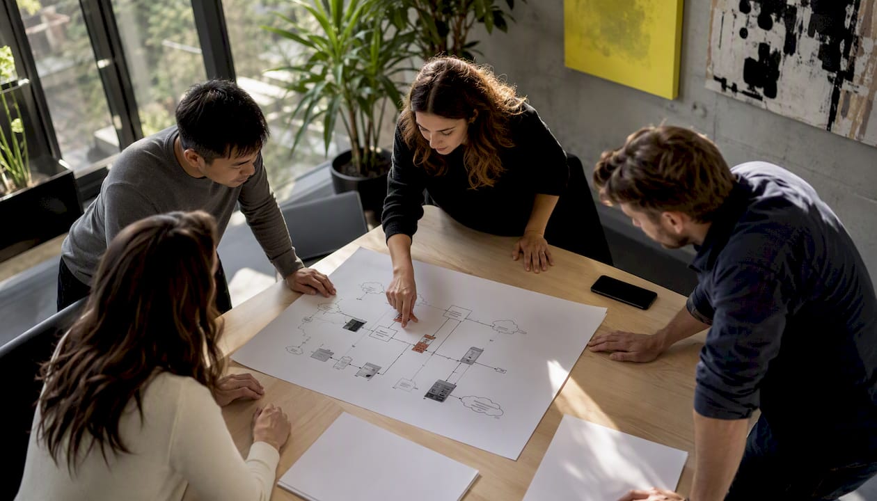 Hands pointing on network diagram during tabletop exercise