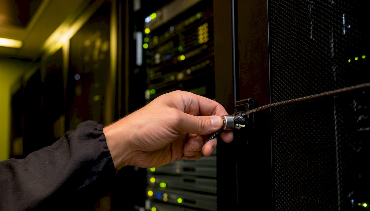 Hand locking server rack cable in IT room