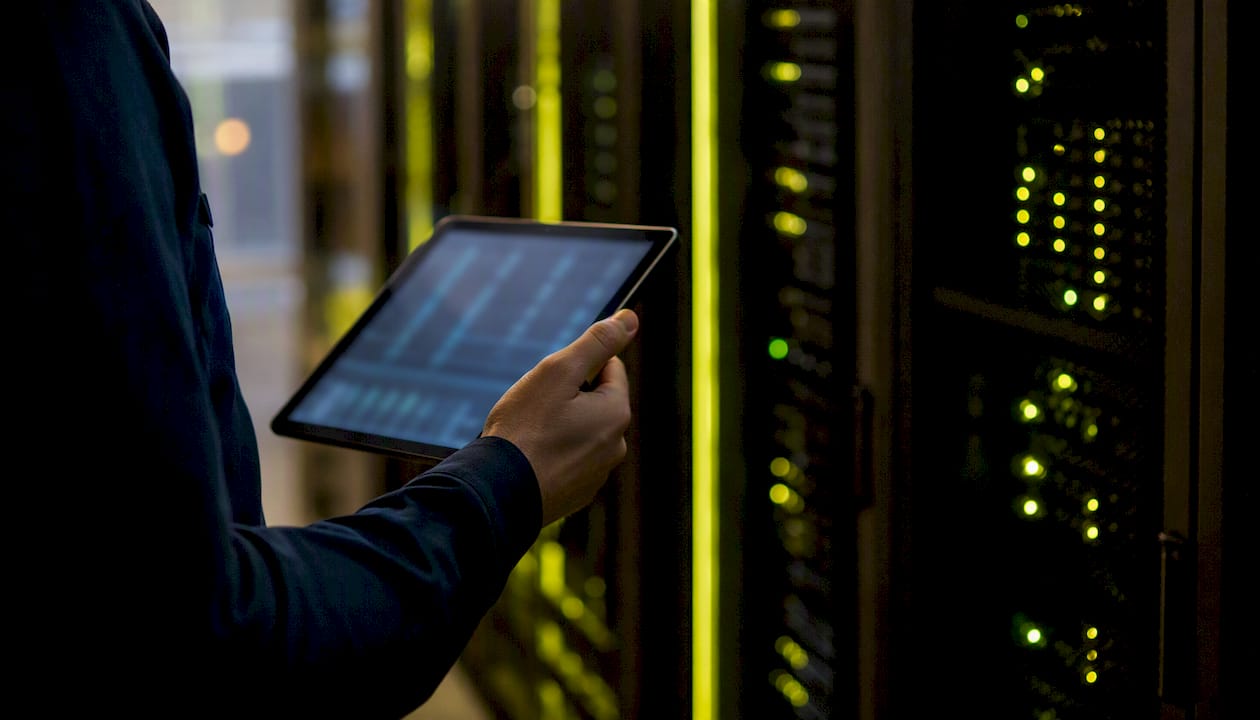 Hand holding dark tablet in IT compliance monitoring