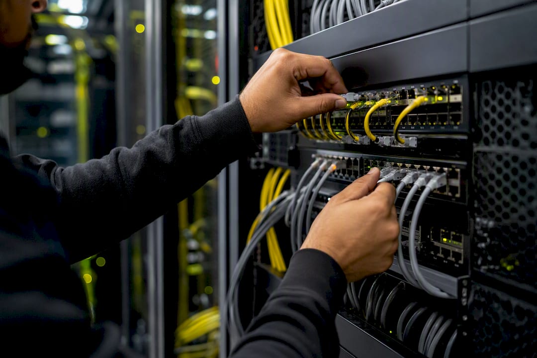 Hands adjusting network cables in startup server room
