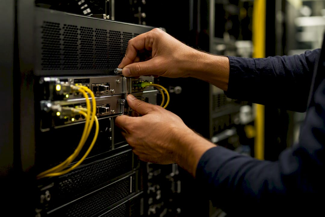 Hands adjusting network security device in hospital