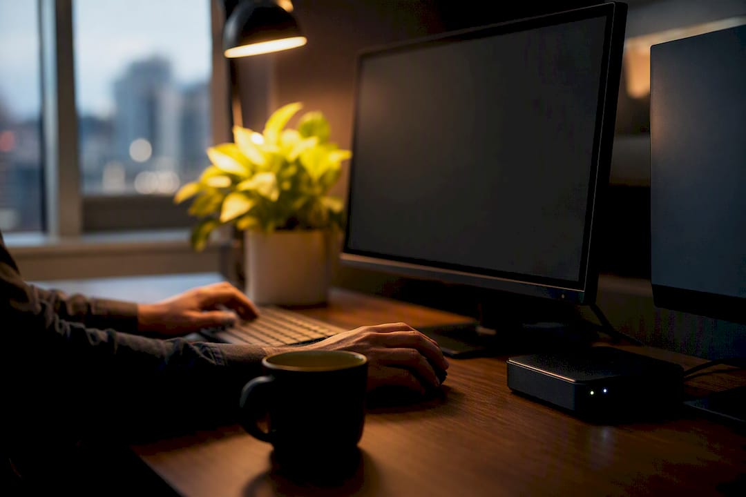 Hands pointing at inactive monitor and device