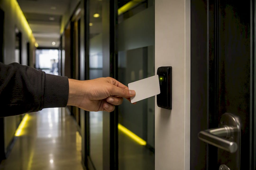 Hand holding access badge to office door reader