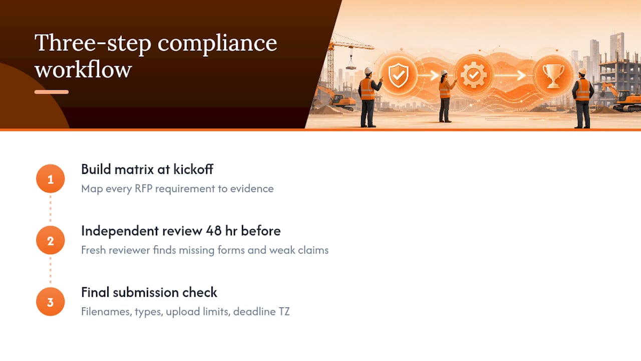 Three-stage construction compliance workflow