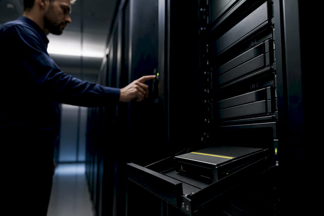 Technician inspecting secured backup storage