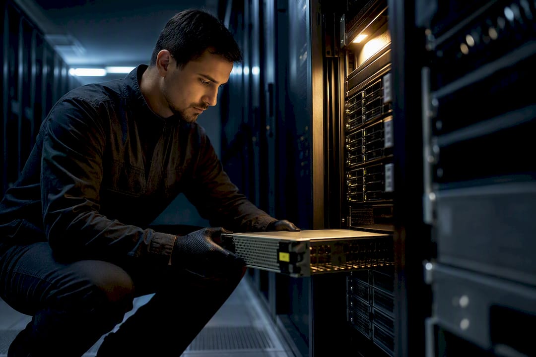 Technician inventorying secure IT hardware