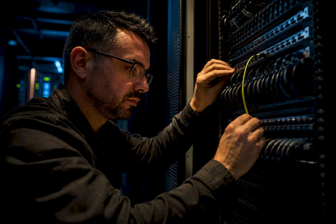 Technician troubleshooting business network equipment