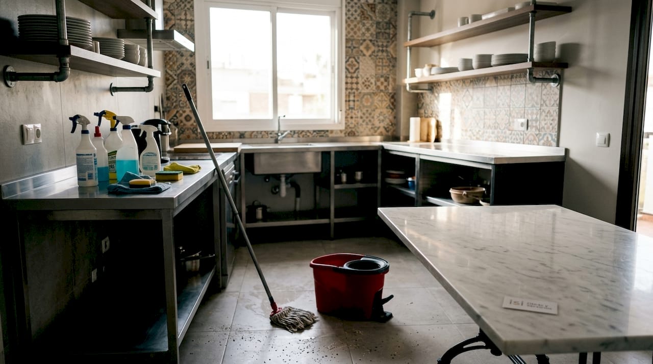Cocina recién reformada, en pleno proceso de limpieza final.