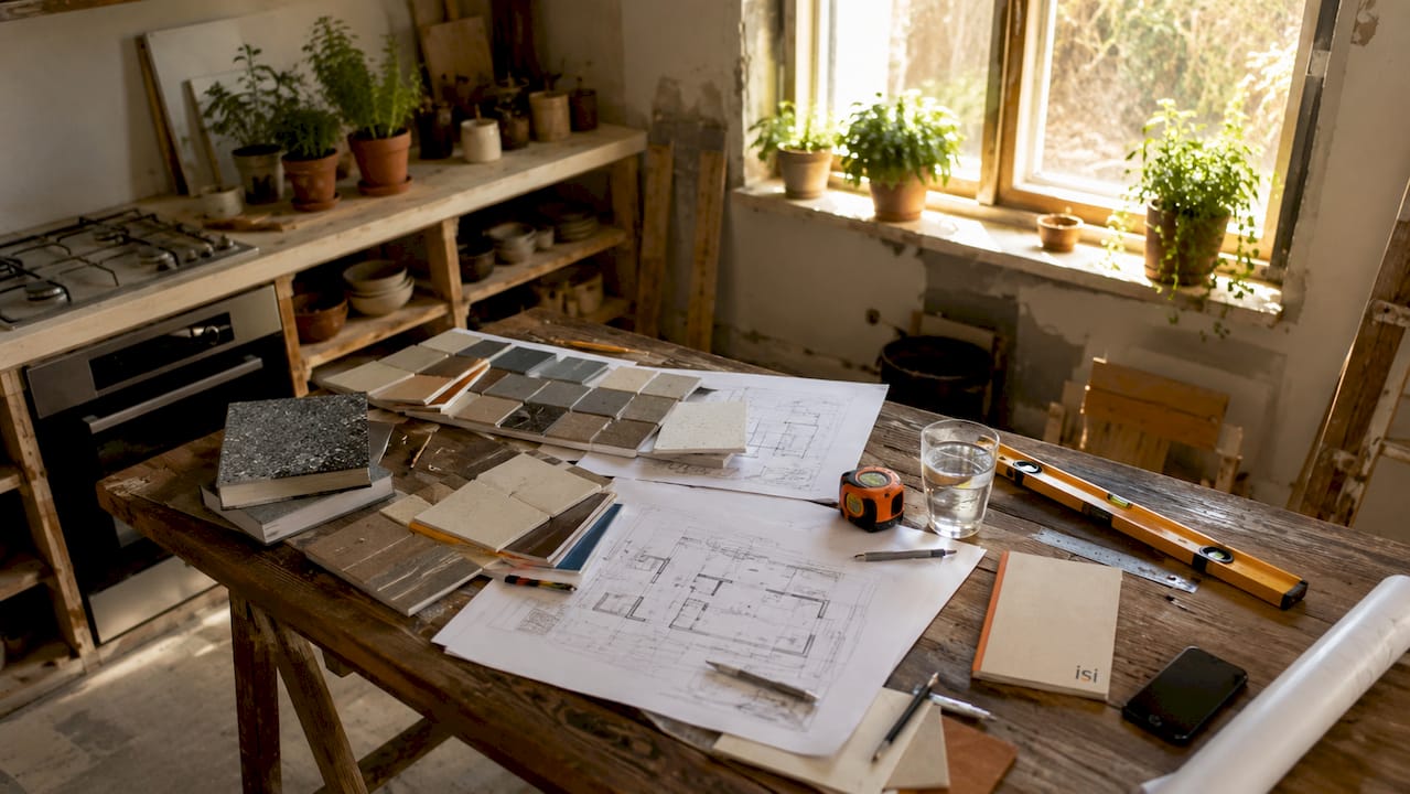 Mesa de trabajo con planos y materiales para la reforma, lista para comenzar el diseño.