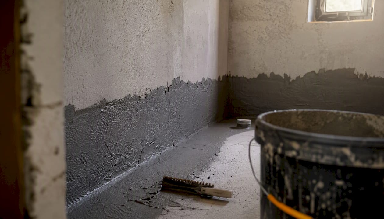 Colocación de mortero impermeabilizante en la zona de ducha durante la reforma del baño.