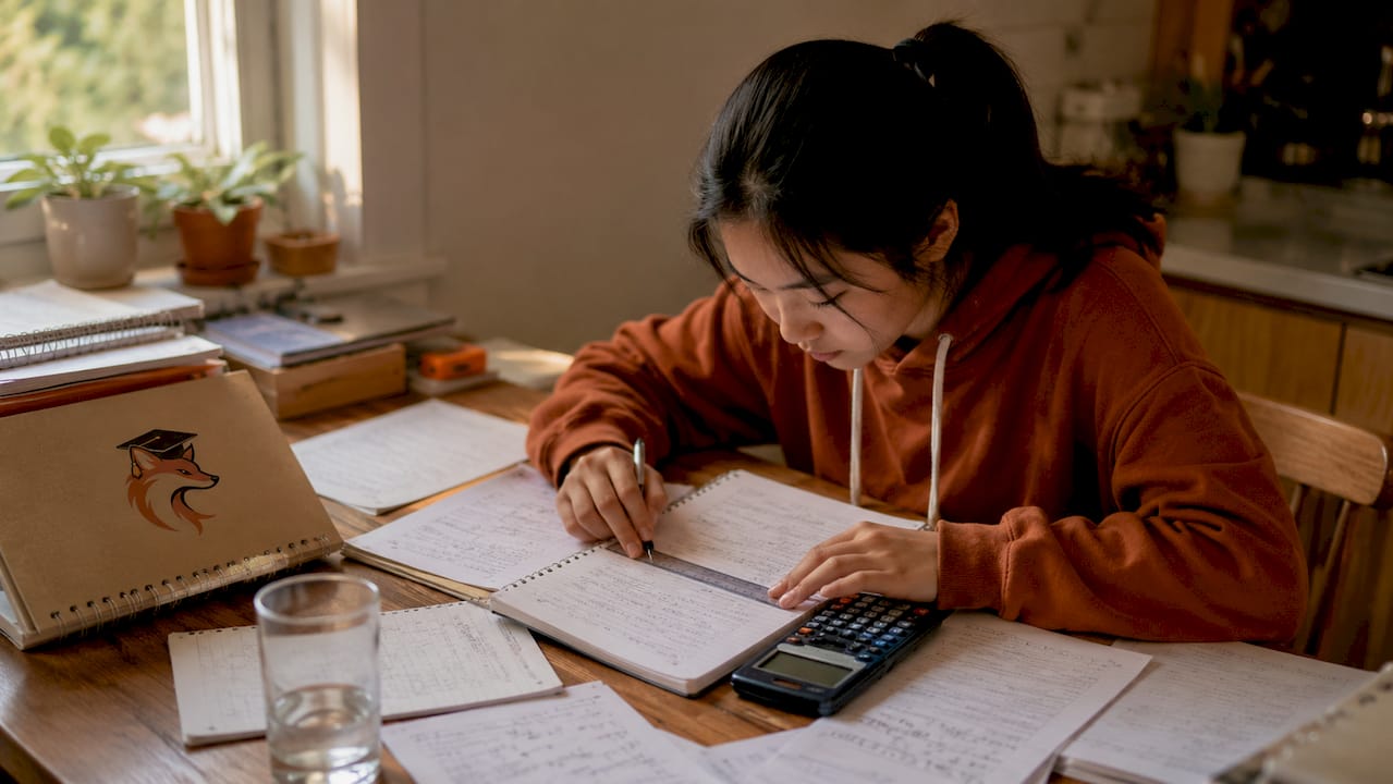 Zoom sur des mains en train de faire des calculs avec une calculatrice et une règle.
