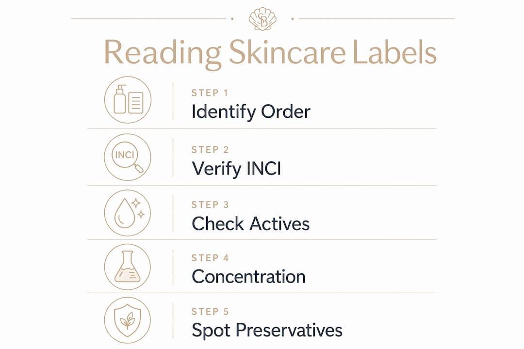 Infographic illustrating steps to read skincare ingredient labels
