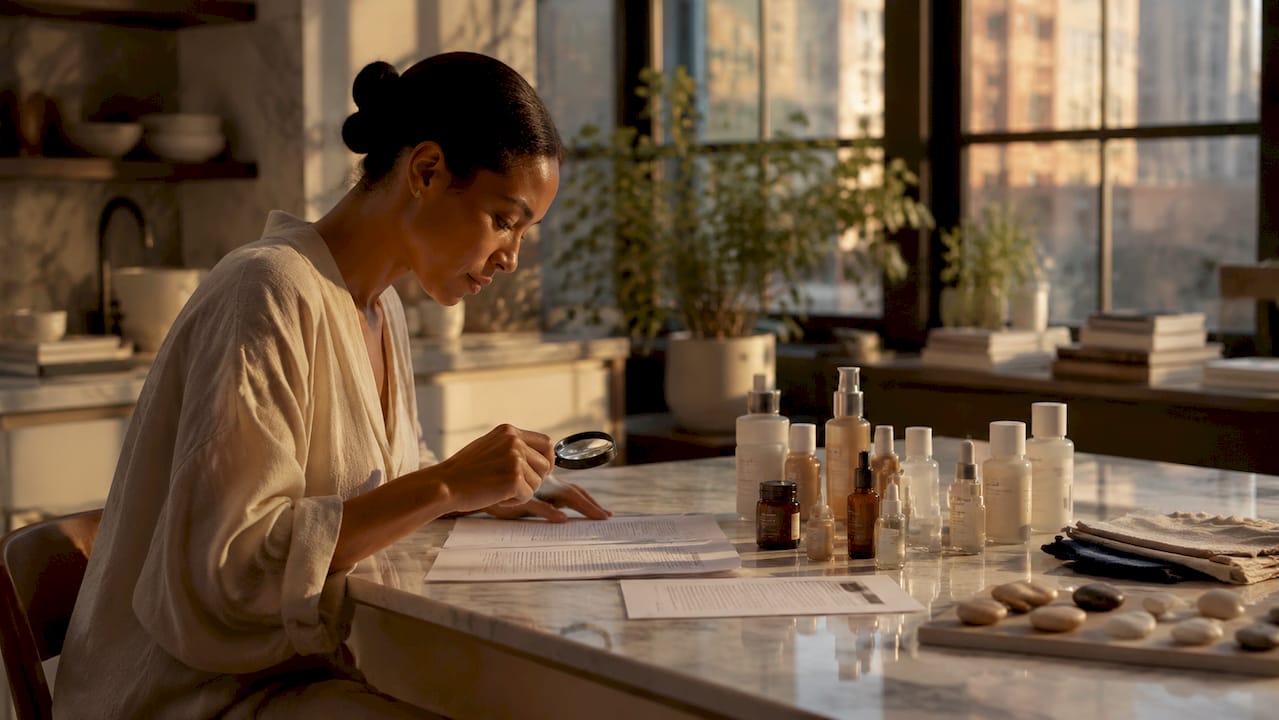 Close-up of hands reading skincare ingredient lists with magnifier