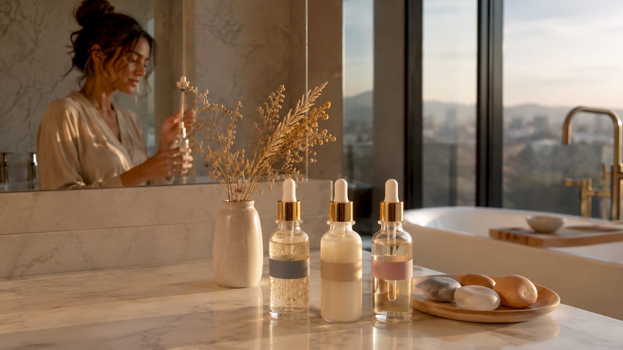 Various antioxidant serum bottles on vanity