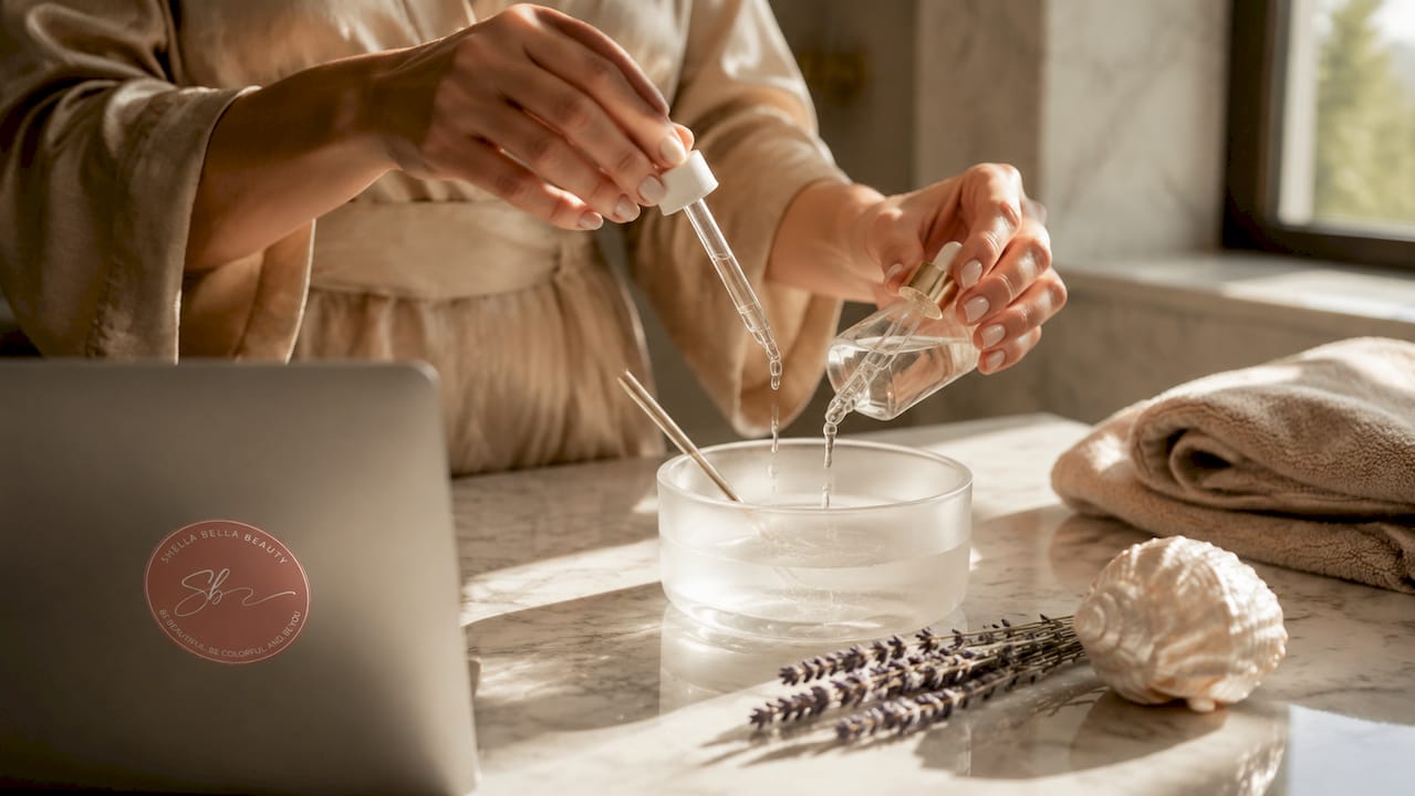 Hands mixing serums on vanity