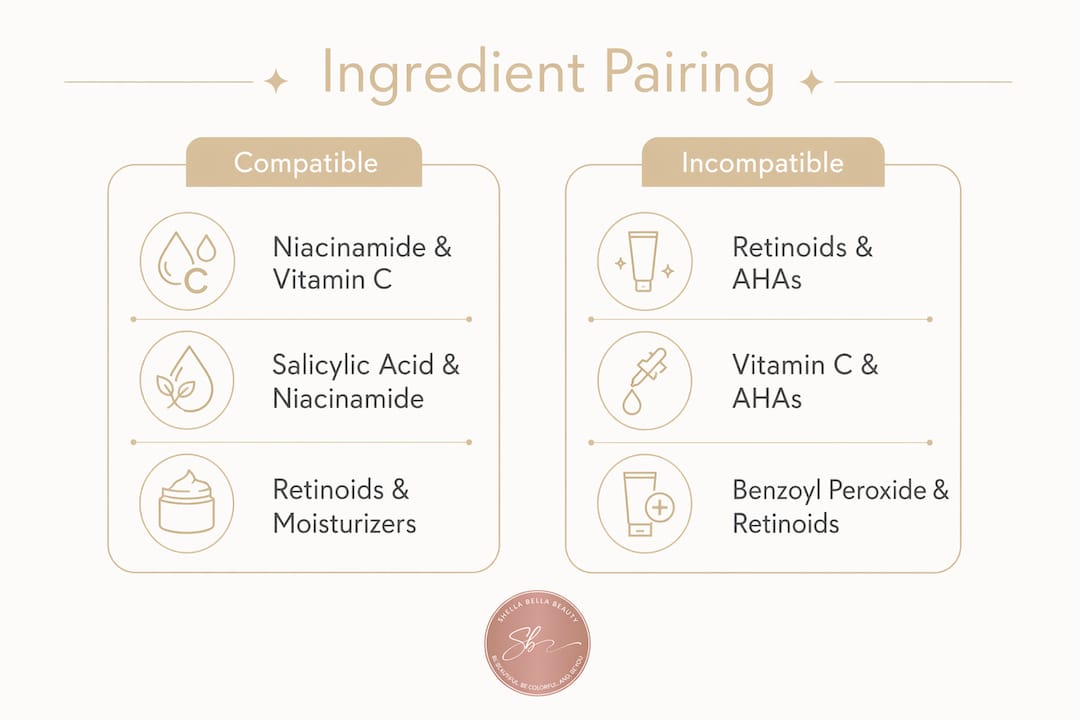 Infographic comparing compatible and incompatible skincare ingredients