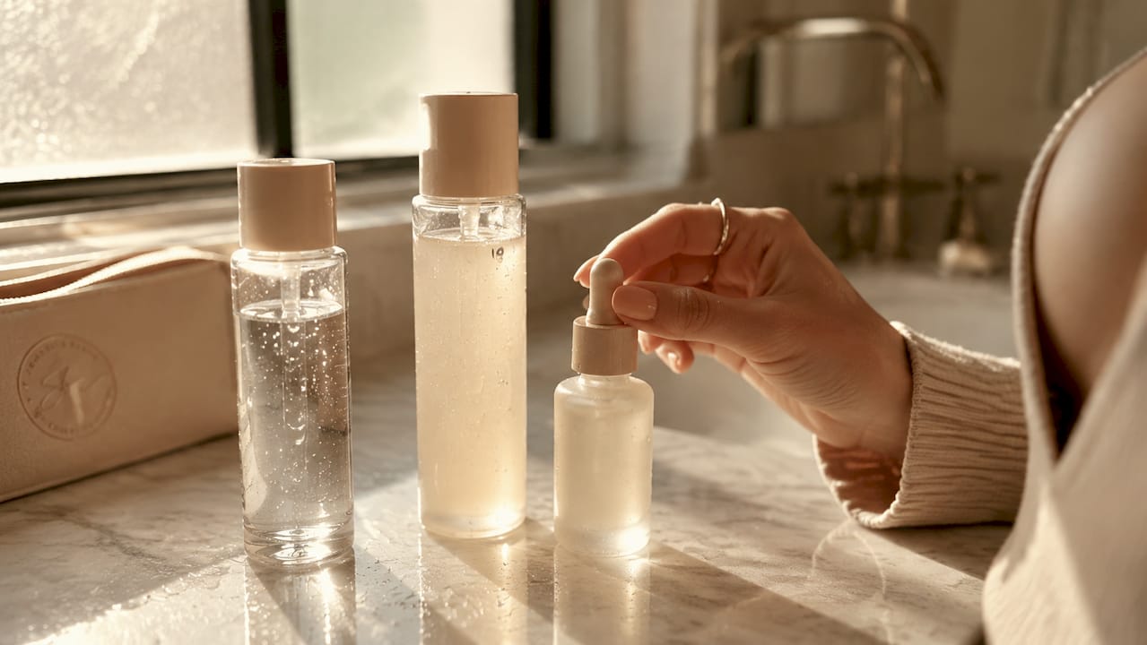 Close-up of toner, essence, and serum bottles with hand