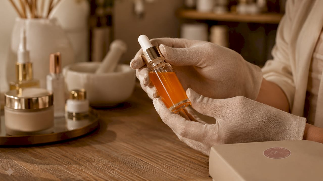 Dermatologist holding vitamin C serum vial
