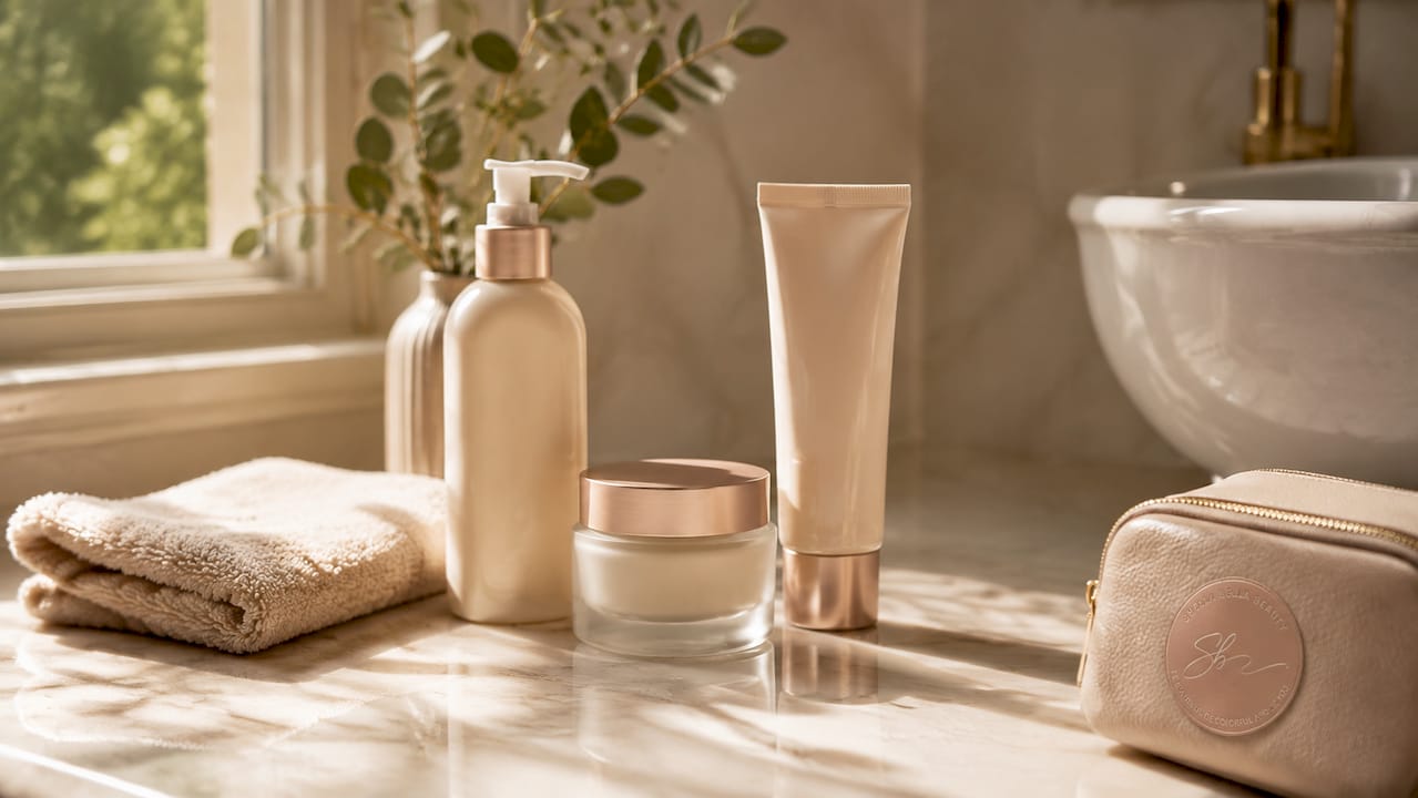 Skincare products arranged on wooden vanity
