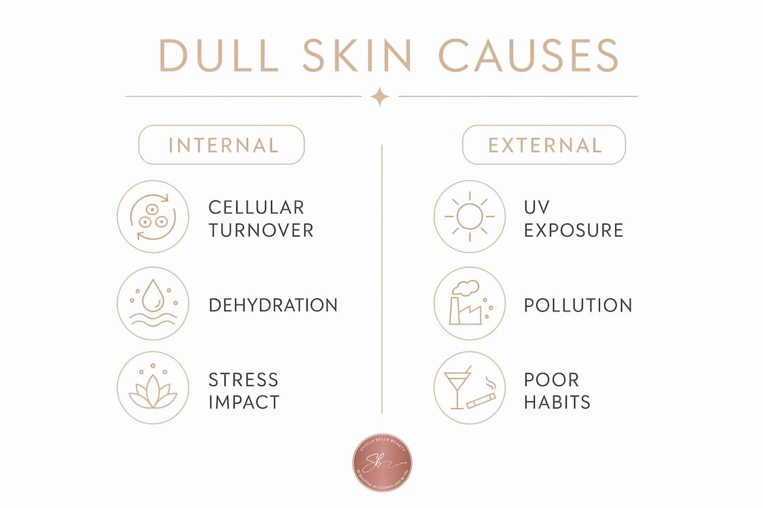 Infographic comparing internal and external causes of dull skin